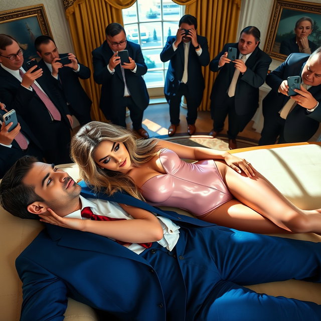 Within the prestigious surroundings of the Oval Office, an 18-year-old exceptionally gorgeous Arabic woman reclines on a luxurious fancy bed, her head resting gently on the lap of a well-dressed man