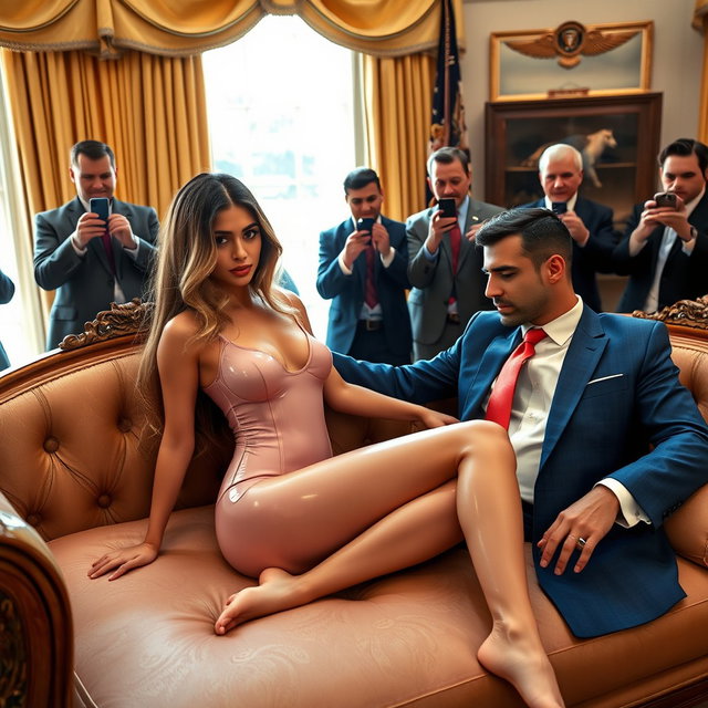 In a lavishly appointed setting within the Oval Office, an 18-year-old stunning Arabic beauty relaxes on an opulent fancy bed