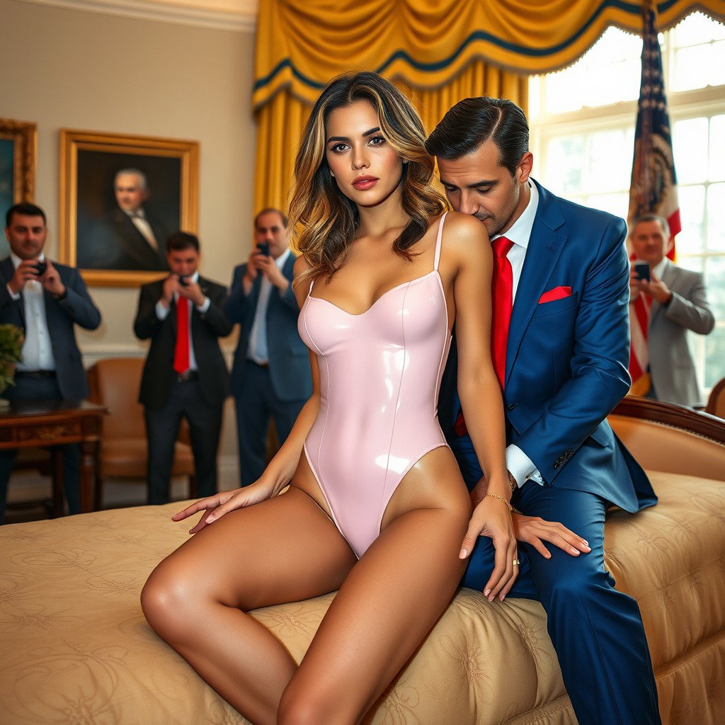 In a lavish setting within the Oval Office, an 18-year-old stunning Arabic petite beauty captivates with her striking appearance