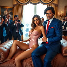 In the opulent Oval Office, an 18-year-old stunningly beautiful Arabic petite woman captivates with her striking appearance