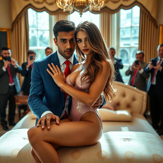 In the opulent Oval Office, an 18-year-old stunningly beautiful Arabic petite woman captivates with her striking appearance