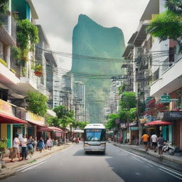 An optimistic future vision of the Philippines 5 years from now. Urban development has brought new infrastructure and technology, while rural areas remain lush with well-preserved nature. The bustling streets are filled with happy, productive residents.