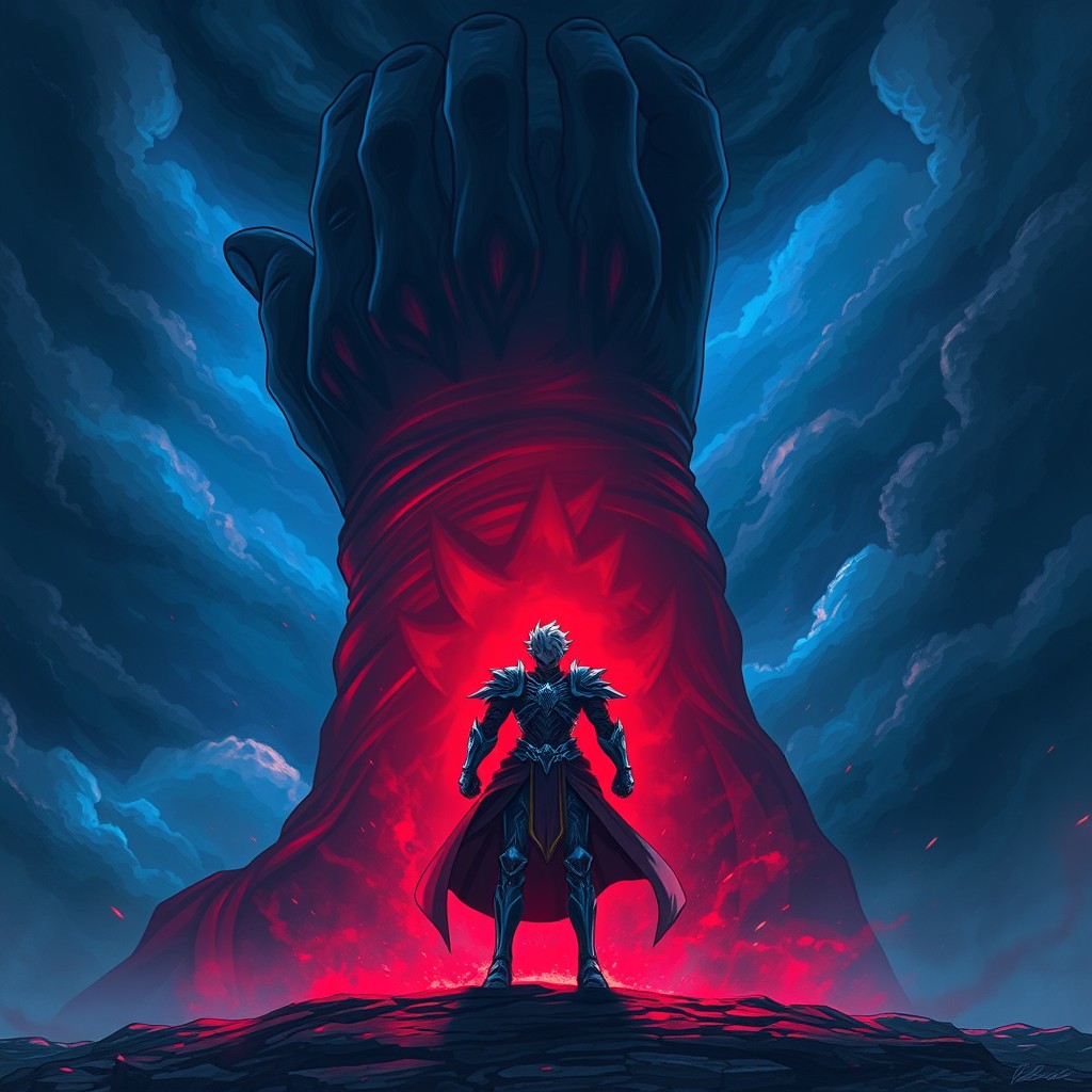 A heroic figure standing confidently on the ground, facing a colossal hand reaching down from a stormy sky