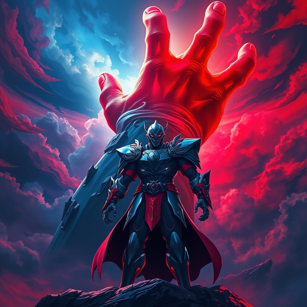 A powerful earth hero standing bravely against a giant, ominous hand reaching down from a dark, stormy sky