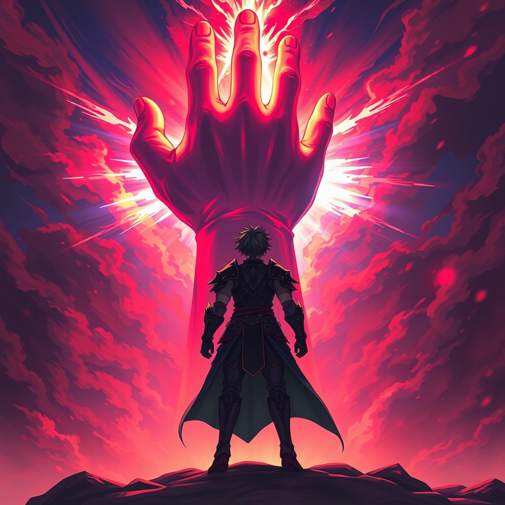 A heroic earth warrior standing bravely, facing a gigantic hand emerging from a dark and fiery sky filled with vibrant shades of red and bright blue