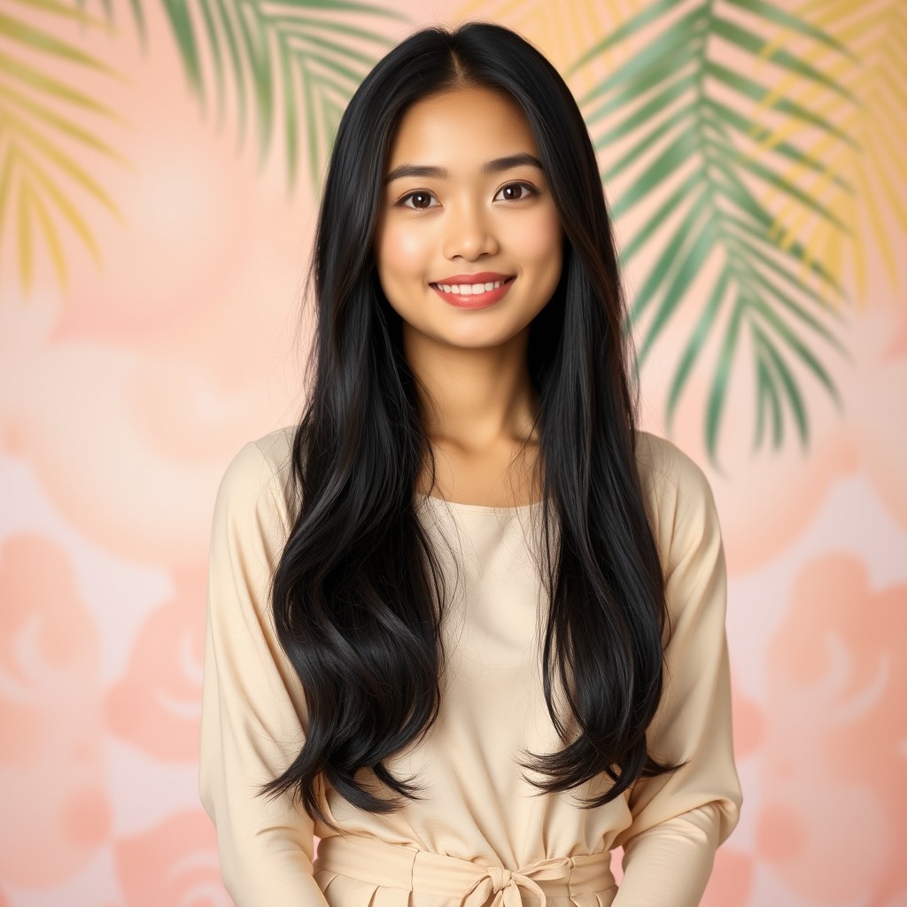 A cute Indonesian woman standing confidently, with a height of 175 cm and weight of 65 kg
