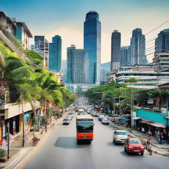 An optimistic future vision of the Philippines 5 years from now. Urban development has brought new infrastructure and technology, while rural areas remain lush with well-preserved nature. The bustling streets are filled with happy, productive residents.