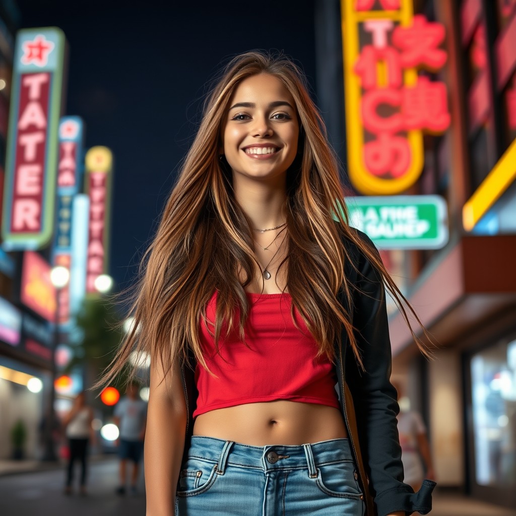 A stylish and confident teenage girl with a chic fashion sense, standing under city lights at night