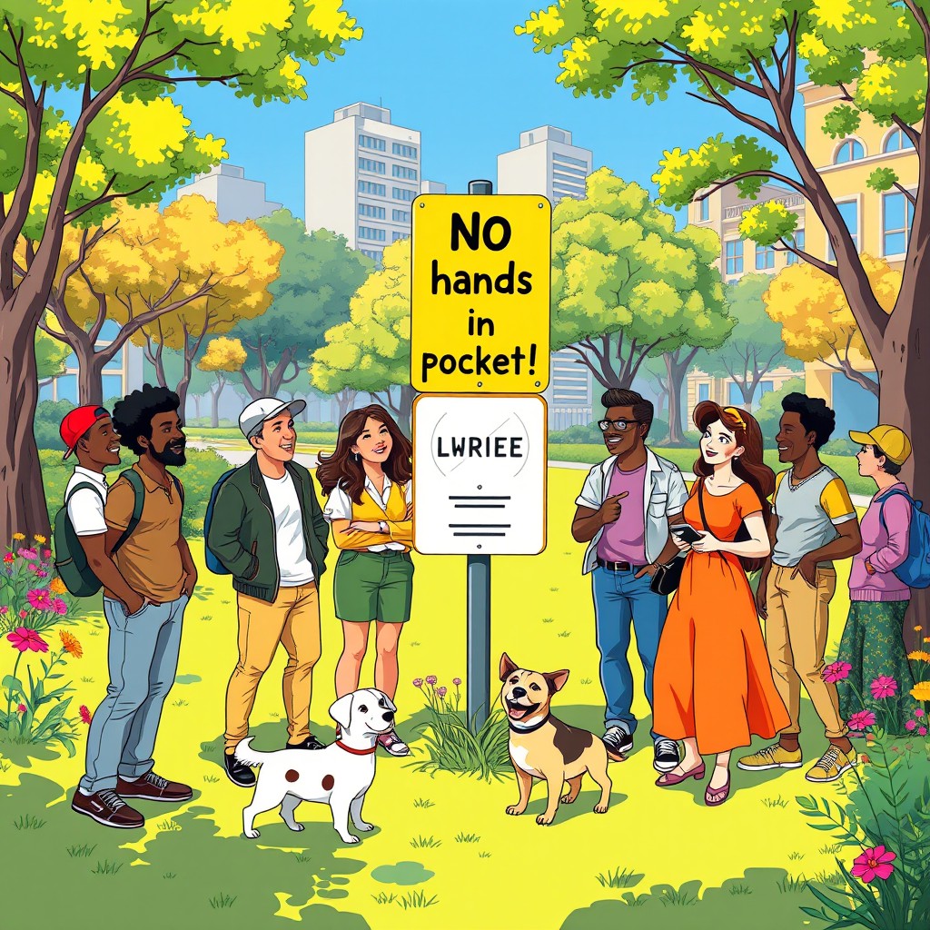 A colorful and eye-catching illustration of a group of diverse adults gathered in a vibrant urban park, looking confused yet amused by a humorous sign that reads 'No hands in pockets!'