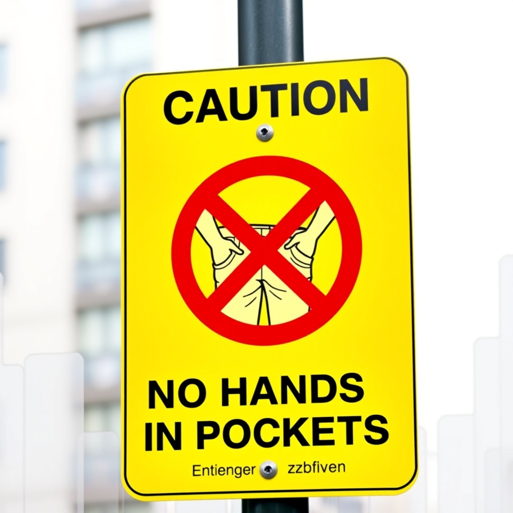 A clear and bold caution sign featuring a prohibition symbol, specifically depicting 'No Hands in Pockets' in both English and Czech