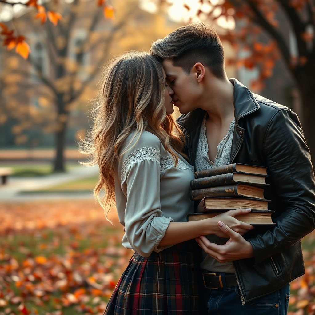 A book cover in the young adult romance genre, featuring a stylish young man with a trendy short haircut and shaved sides, passionately kissing a girl with long, slightly wavy, blonde hair