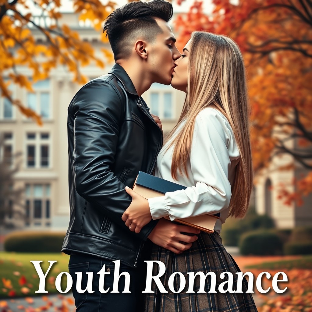 A book cover in the youth romance genre featuring a stylish young man with a trendy short haircut and shaved sides, passionately kissing a girl with long blonde straight hair