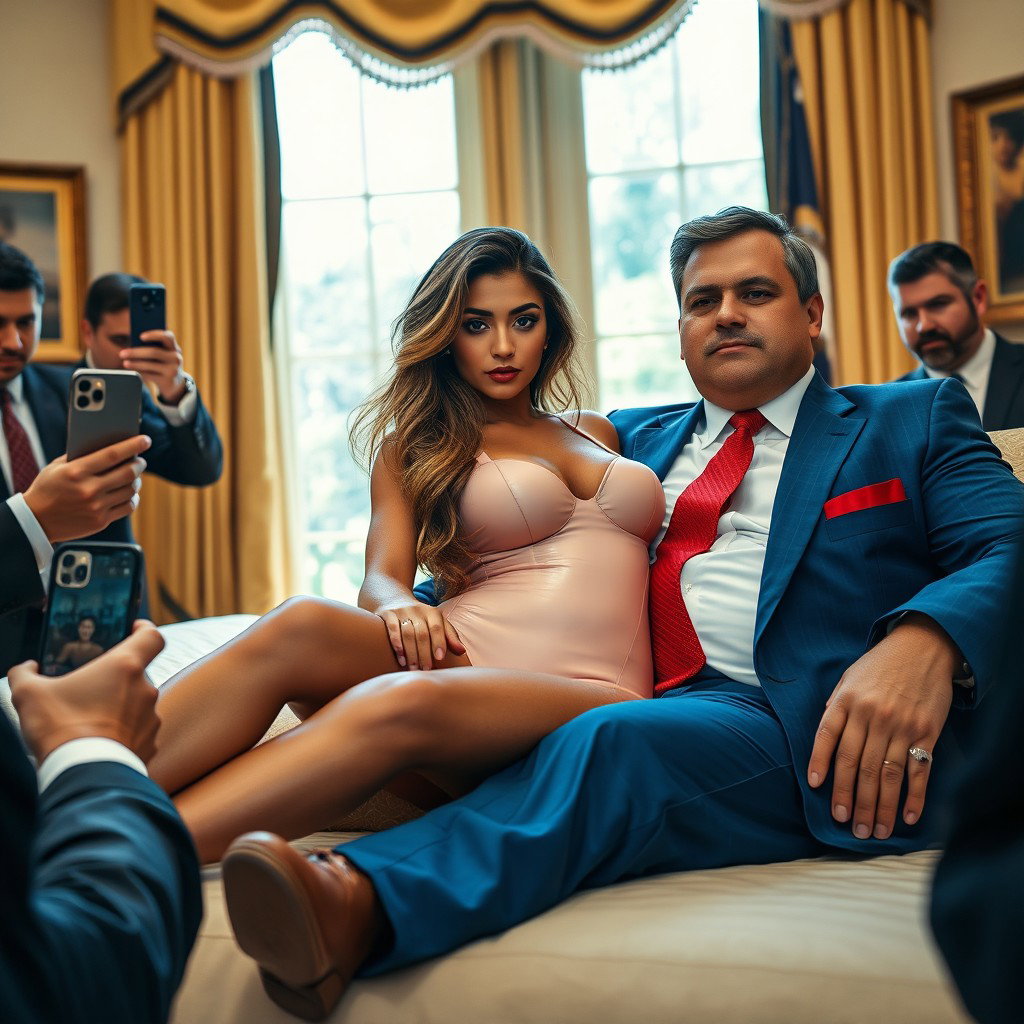 In the elegant setting of the Oval Office, a stunning 18-year-old Arabic petite woman with an alluring figure captures attention