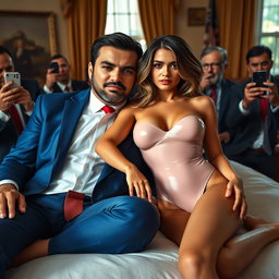 In the luxurious setting of the Oval Office, a captivating 18-year-old Arabic woman exudes beauty with her stunning, petite figure—featuring delicate breasts, a tiny waist, and very wide hips, perfectly complemented by her tan skin