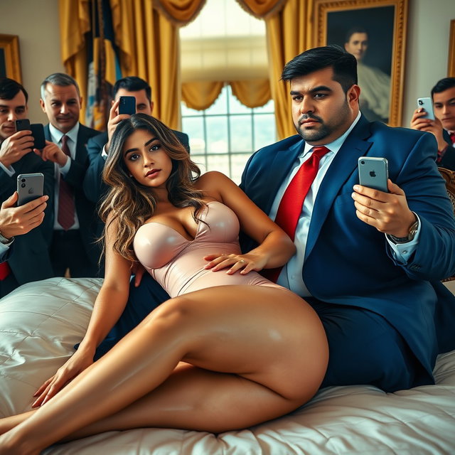 In the luxurious setting of the Oval Office, a captivating 18-year-old Arabic woman exudes beauty with her stunning, petite figure—featuring delicate breasts, a tiny waist, and very wide hips, perfectly complemented by her tan skin