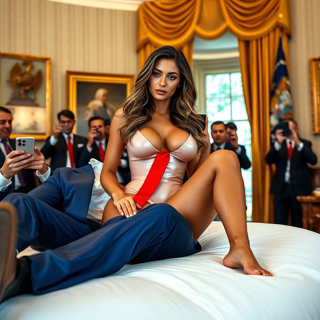 In the opulent surroundings of the Oval Office, a stunning 18-year-old Arabic beauty captivates with her alluring figure—thin and petite, with delicate breasts, a tiny waist, and very wide hips