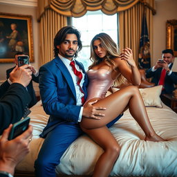 In the luxurious setting of the Oval Office, a mesmerizing 18-year-old Arabic beauty captivates with her exquisite features—thin and petite, possessing delicate breasts, a tiny waist, and very wide hips
