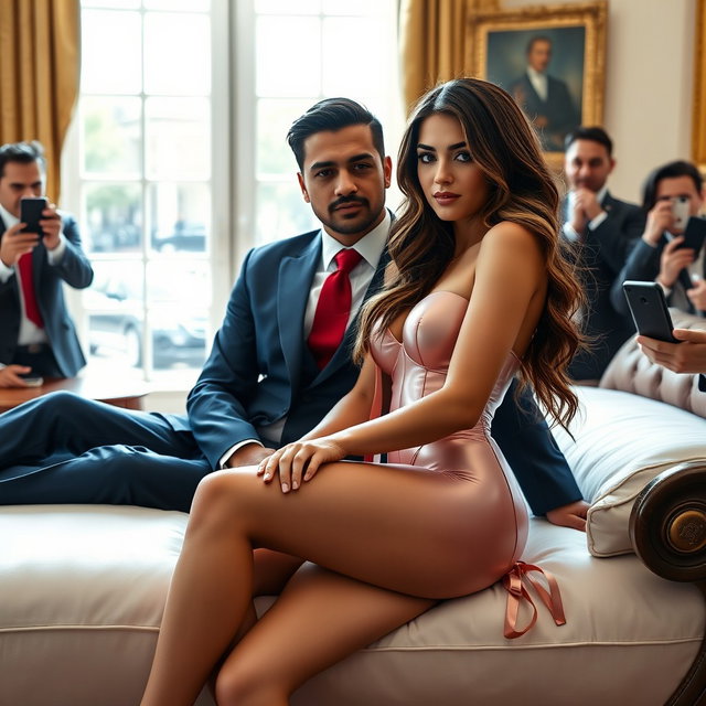 In the elegant setting of the Oval Office, a captivating 18-year-old Arabic beauty is portrayed with a stunning physique—thin, petite, with delicate breasts, a tiny waist, and very wide hips
