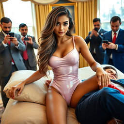 In the opulent setting of the Oval Office, a striking 18-year-old Arabic beauty is depicted with her gorgeous figure—thin and petite with delicate breasts, a tiny waist, and very wide hips
