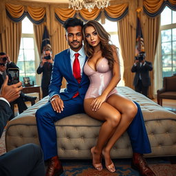 In the prestigious and luxurious Oval Office, a stunning 18-year-old Arabic beauty is depicted with a mesmerizing figure—thin and petite, with delicate breasts, a tiny waist, and very wide hips
