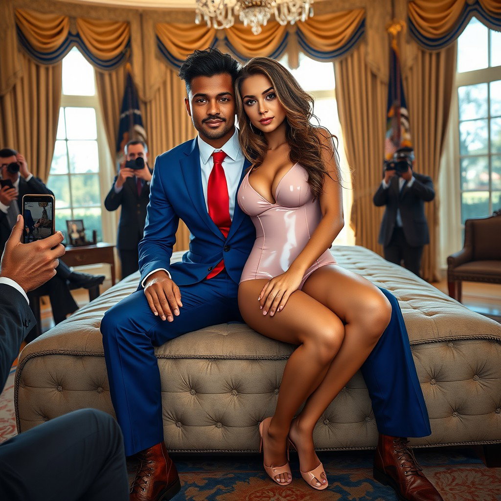 In the prestigious and luxurious Oval Office, a stunning 18-year-old Arabic beauty is depicted with a mesmerizing figure—thin and petite, with delicate breasts, a tiny waist, and very wide hips