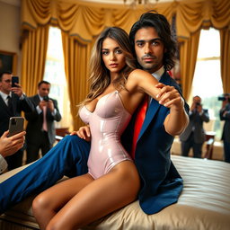 In the prestigious and luxurious Oval Office, a stunning 18-year-old Arabic beauty is depicted with a mesmerizing figure—thin and petite, with delicate breasts, a tiny waist, and very wide hips