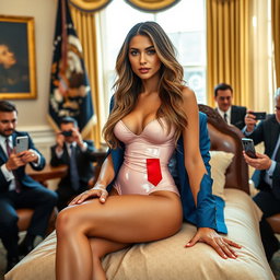 In the prestigious and luxurious Oval Office, a stunning 18-year-old Arabic beauty is depicted with a mesmerizing figure—thin and petite, with delicate breasts, a tiny waist, and very wide hips