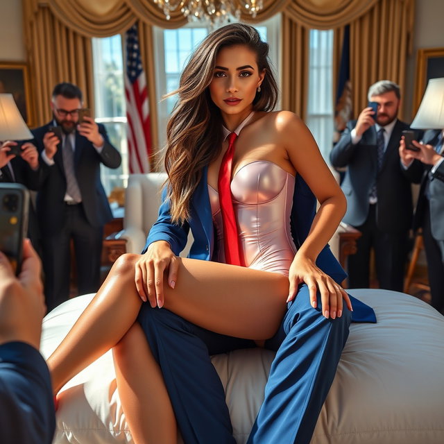 In the prestigious and luxurious Oval Office, a stunning 18-year-old Arabic beauty is depicted with a mesmerizing figure—thin and petite, with delicate breasts, a tiny waist, and very wide hips