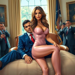 In the elegant setting of the Oval Office, a captivating 18-year-old Arabic beauty is illustrated with a stunning figure—thin and petite, with delicate breasts, a tiny waist, and wide hips