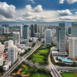 An optimistic future vision of the Philippines 5 years from now. Urban development has brought new infrastructure and technology, while rural areas remain lush with well-preserved nature. The bustling streets are filled with happy, productive residents.