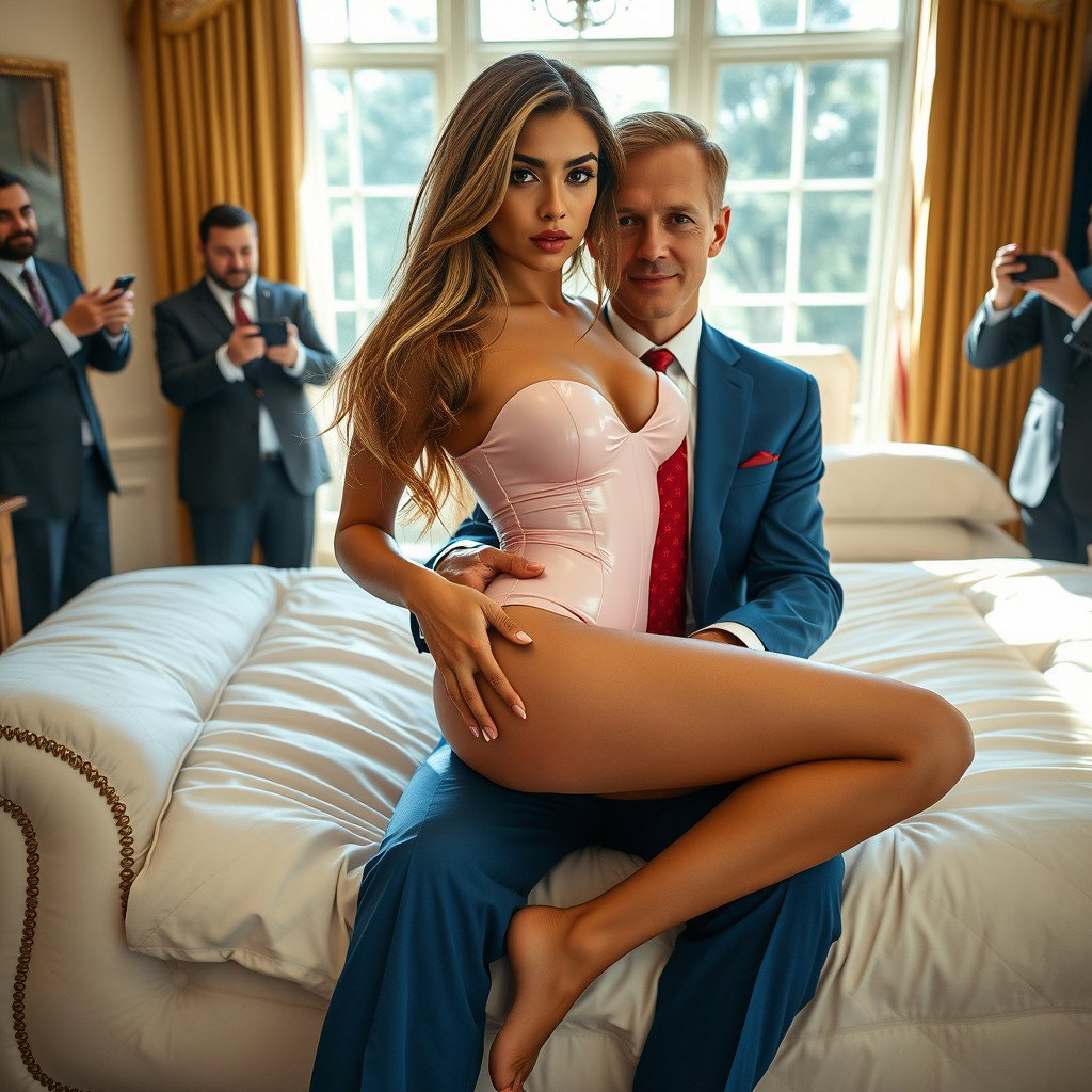 In a luxurious setting of the Oval Office, an 18-year-old Arabic beauty is portrayed with a captivating and stunning figure, characterized as thin and petite, featuring delicate breasts, a tiny waist, and very wide hips