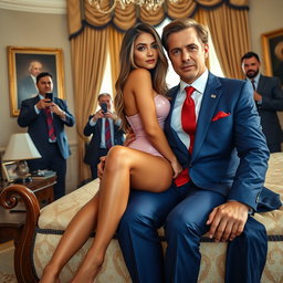 In a luxurious setting of the Oval Office, an 18-year-old Arabic beauty is portrayed with a captivating and stunning figure, characterized as thin and petite, featuring delicate breasts, a tiny waist, and very wide hips