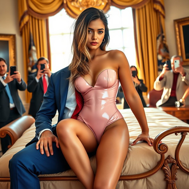 Set in the opulent environment of the Oval Office, an enchanting 18-year-old Arabic beauty is depicted with an exquisite figure—thin and petite, showcasing delicate breasts, a tiny waist, and very wide hips