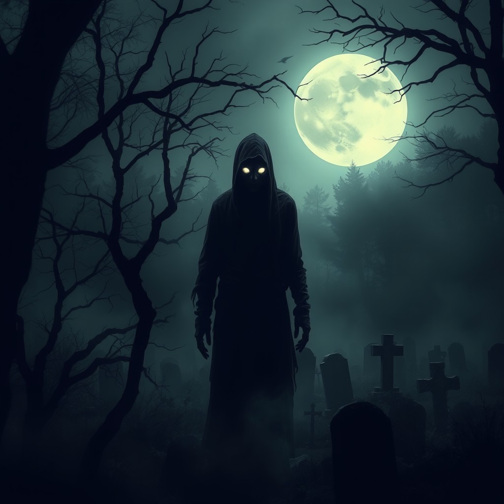 A dark and eerie forest shrouded in mist, illuminated by a haunting full moon