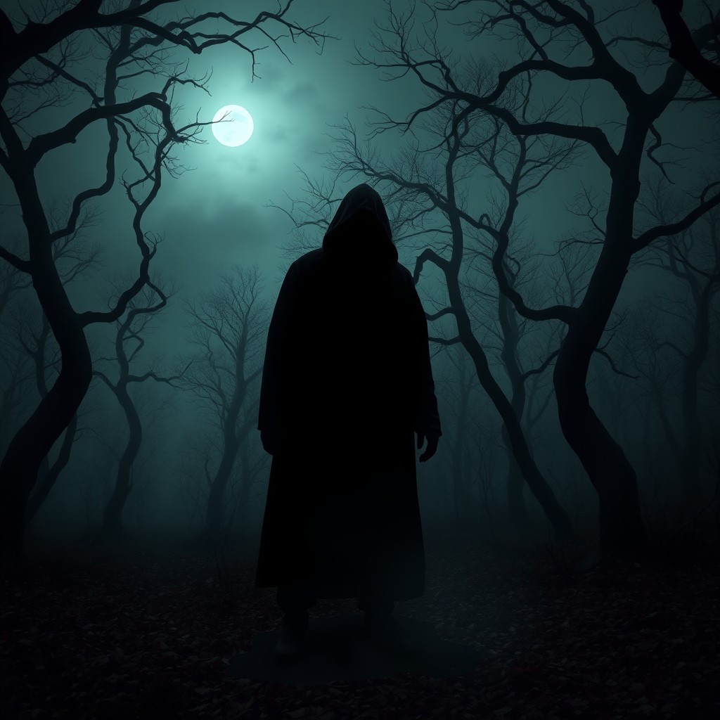 A dark and eerie forest shrouded in fog, twisted trees with gnarled branches, and the faint light of the moon breaking through the clouds