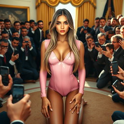 In a photorealistic scene set within the prestigious Oval Office, an 18-year-old Arabic beauty captivates with her stunning figure—thin, skinny, and characterized by delicate breasts, a tiny waist, and very wide hips