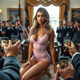 In a photorealistic scene set in the iconic Oval Office, a stunning 18-year-old Arabic beauty captures attention with her gorgeous figure—thin, skinny, with delicate breasts, a tiny waist, and very wide hips