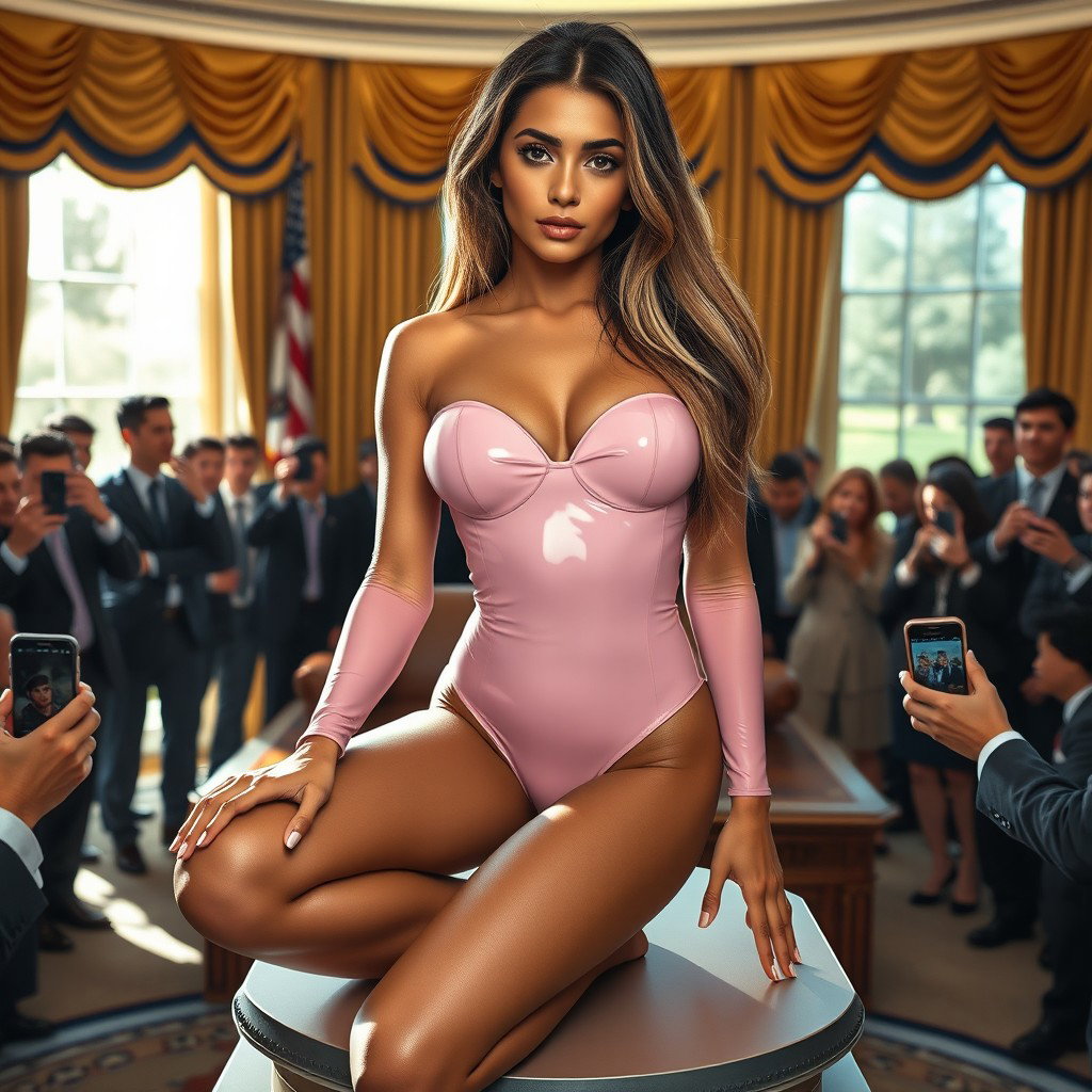 In a photorealistic scene set in the iconic Oval Office, an 18-year-old Arabic beauty showcases her stunning features—thin and petite with delicate breasts, a tiny waist, and very wide hips