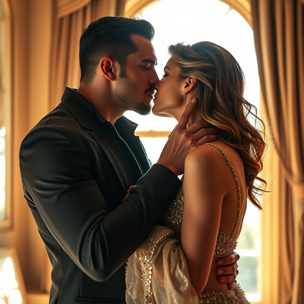 A photograph of an intimate and passionate kiss between a man and a woman