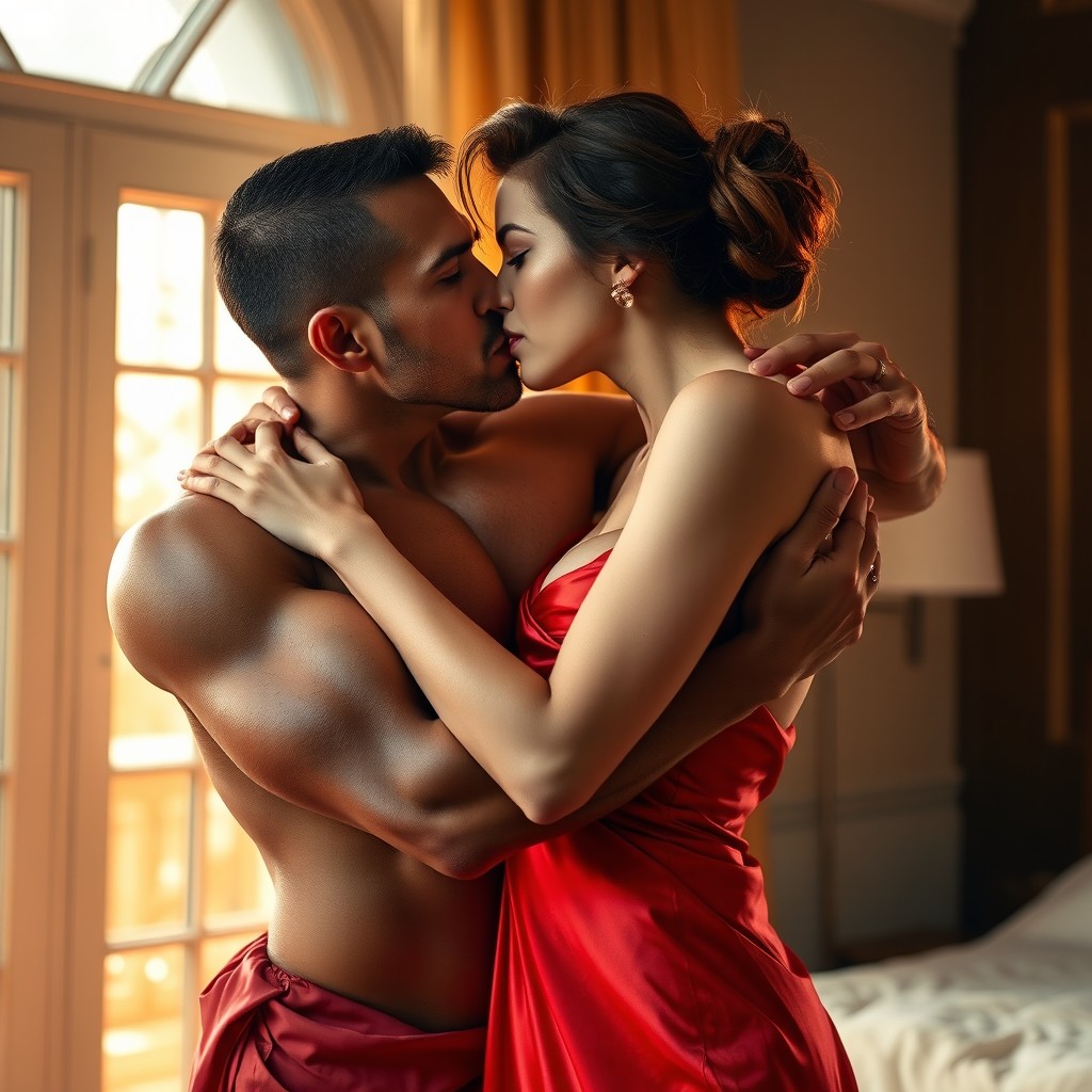 A passionate kiss between a man and a woman, the man has intense, dark eyes and a sharp jawline, showcasing his robotic physique that appears solid and warm
