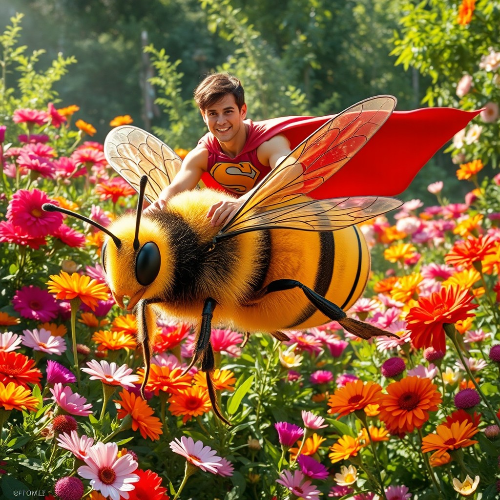 A powerful superhero riding a giant bee through a vibrant flower garden, showcasing their impressive physique and colorful costume