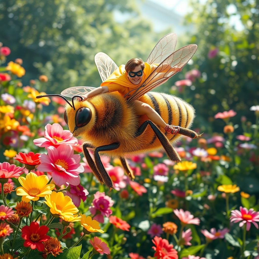 A heroic superhero riding a gigantic bee through a vibrant flower garden, showcasing a variety of colorful blossoms and lush greenery