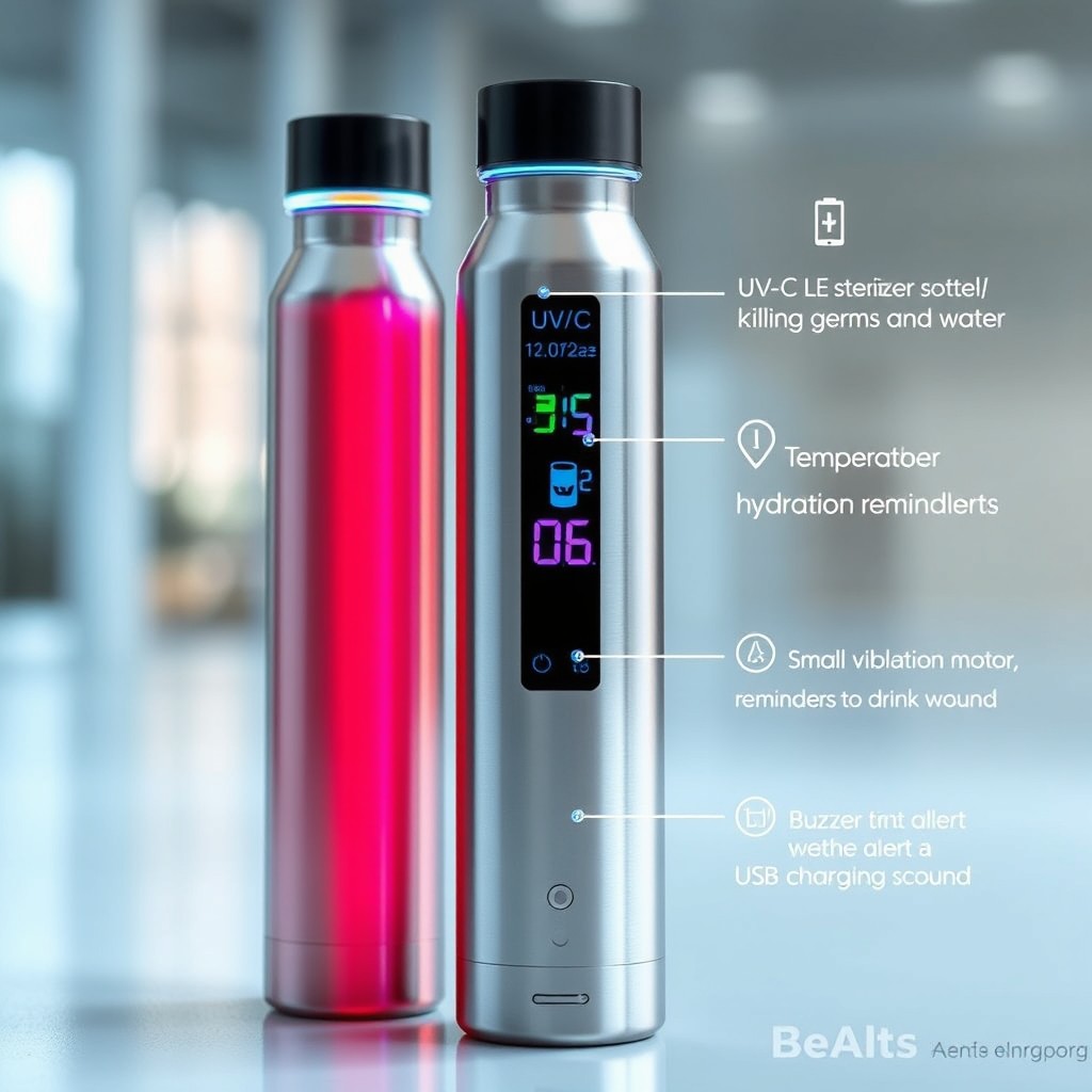 A futuristic smart water bottle with a sleek design, made from stainless steel and featuring a UV-C sterilizer at the top, ensuring clean water by killing germs and bacteria