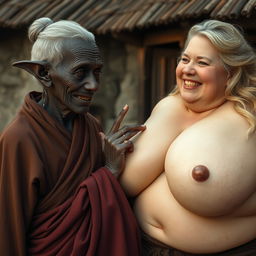 In a medieval village, an elderly black woman with deep dark skin, notably short and malnourished, displays sharp, crooked teeth and elf-like ears