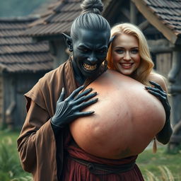 In a medieval village, a young, wicked, dark-skinned woman with deep black skin, very short stature, emaciated physique, sharp jagged teeth, and elf-like ears, dressed in a long, fully closed Buddhist robe