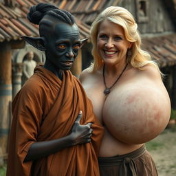 In a medieval village, a very short and malnourished young black woman with dark skin, sharp, rotten teeth, large yellow eyes, and elf-like ears wears a long, fully closed Buddhist robe