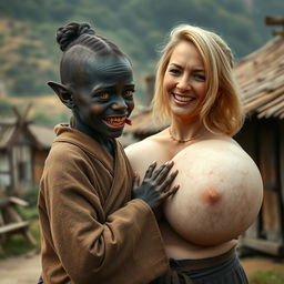 In a medieval village, a very short and malnourished young black woman, just 1 meter tall, has dark skin, sharp, rotten teeth, elf-like ears, and completely yellow eyes