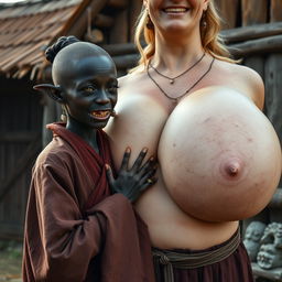 In a medieval village, a very short and malnourished young black woman, just 1 meter tall, has dark skin, sharp, rotten teeth, elf-like ears, and completely yellow eyes