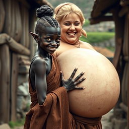 In a medieval village, a very short and malnourished young black woman, just 1 meter tall, has dark skin, sharp, rotten teeth, elf-like ears, and completely yellow eyes