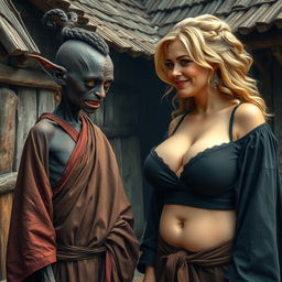 In a detailed medieval village scene, a striking contrast of characters emerges